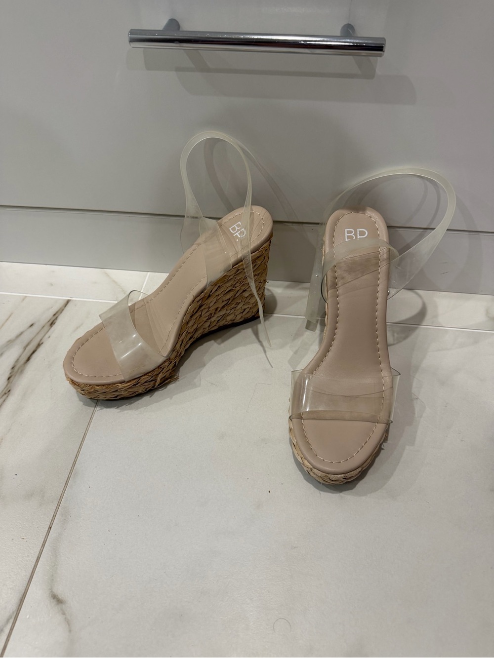 bp Clear Strap Wedge Sandals in Beige with Woven Platform